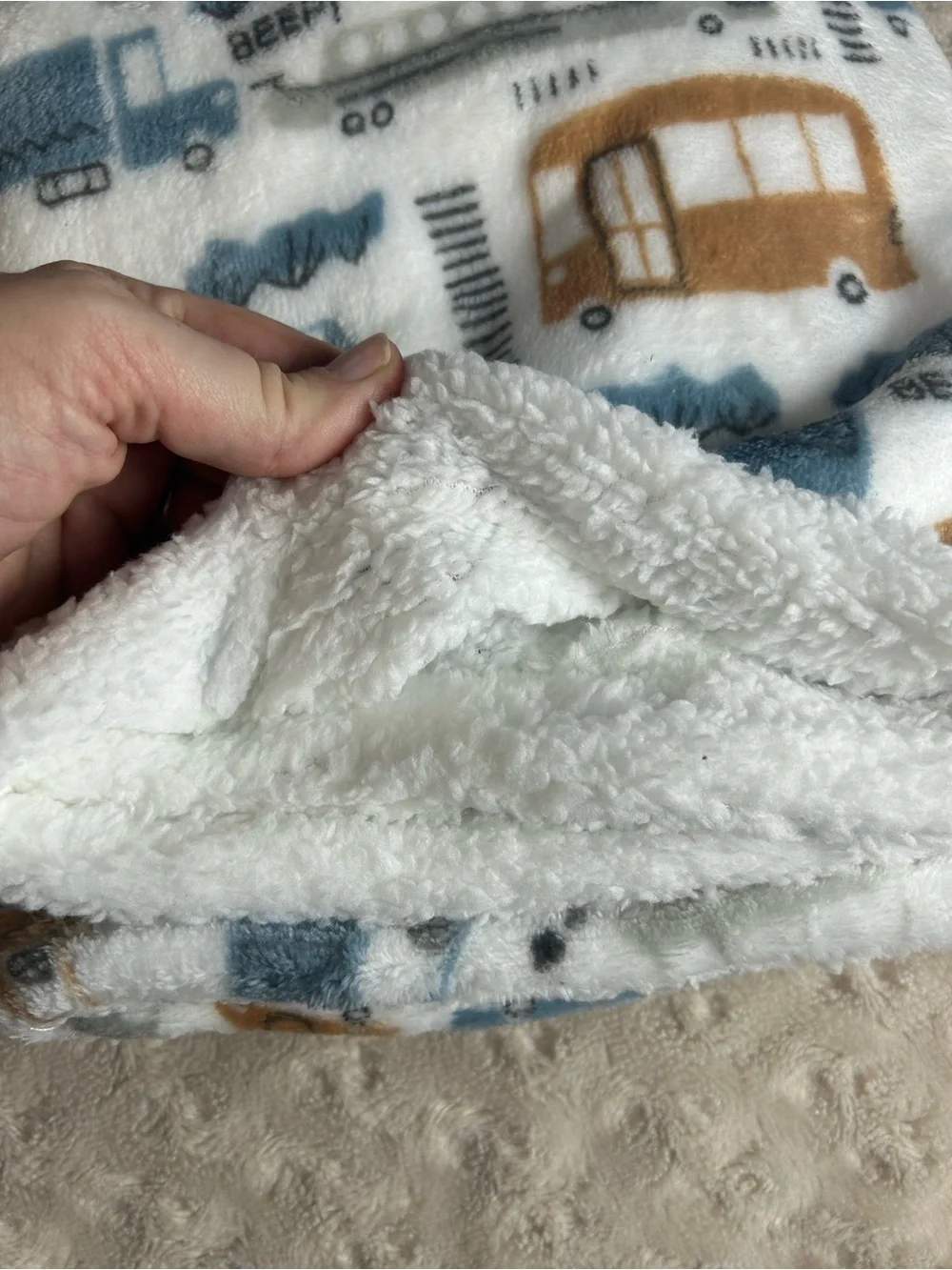 Stars & Dreamers Danbar Car Truck Baby Blanket Bus Beep! Blue White Gray Sherpa